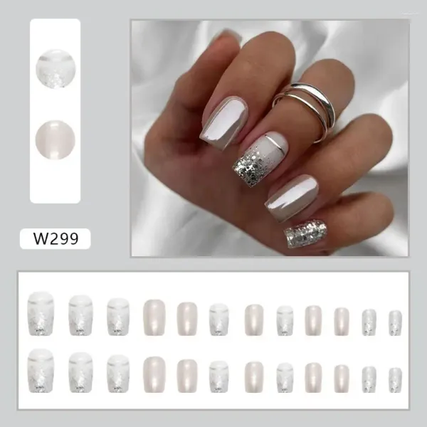 Unghie finte 24 pezzi Nials per manicure stampa su quadrato lungo argento francese fai da te