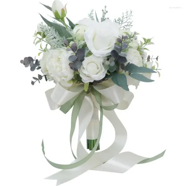 Fiori matrimonio Bouquet da sposa bianchi Rose blu Eucalipto Spose Mano che tiene il bouquet artificiale di grandi feste Ramo Flores Novia