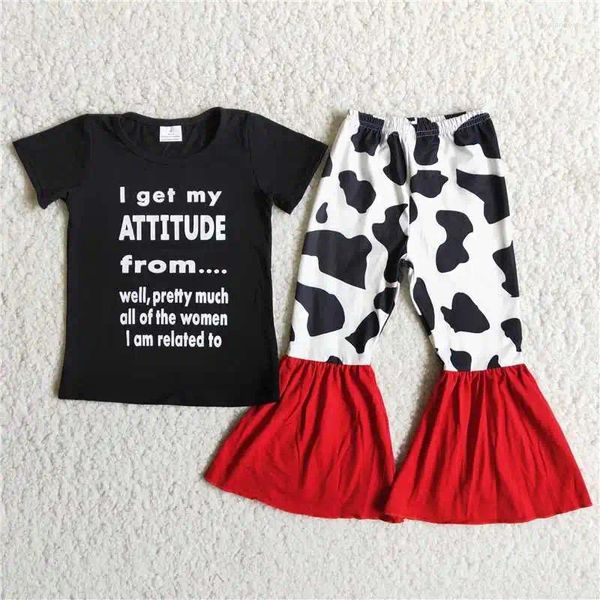 Conjuntos de roupas atacado bebê menina boutique conjunto preto manga curta carta camisa vaca impressão sino-bottom calças vermelhas crianças roupas criança outfit