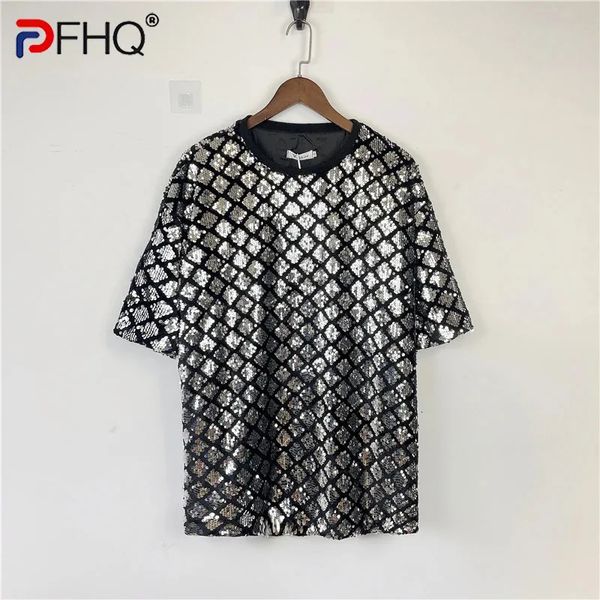 PFHQ Masculino Solto Xadrez Pesada Indústria Lantejoula T-shirt Diamante-tipo Malha Redondo Pescoço Manga Curta Espumante Tops Verão 21Z3720 240223