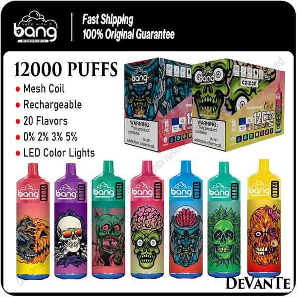 Bang 12000 Puff Sigarette elettroniche Puff 12K Grandi vaporizzatori Monouso Vape Mesh Coil Luci a LED Batteria ricaricabile Baccelli preriempiti da 20 ml 0% 2% 3% 5%