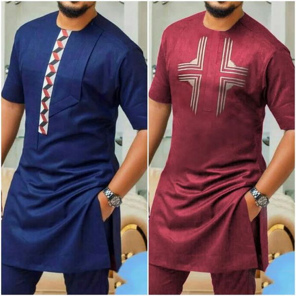 Abito estivo da uomo a maniche corte con patchwork, camicia con taschino, pantaloni 2 pezzi, abiti da festa di nozze, set africani 240219