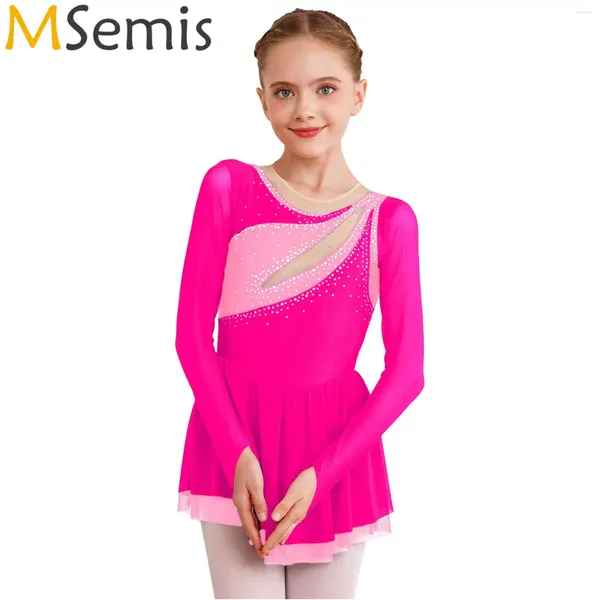 Abbigliamento da palcoscenico Bambino Ragazze Tutu di balletto Costume Ginnastica Body Strass Pattinaggio di figura Abito Strass scintillanti Maglia trasparente Lirico