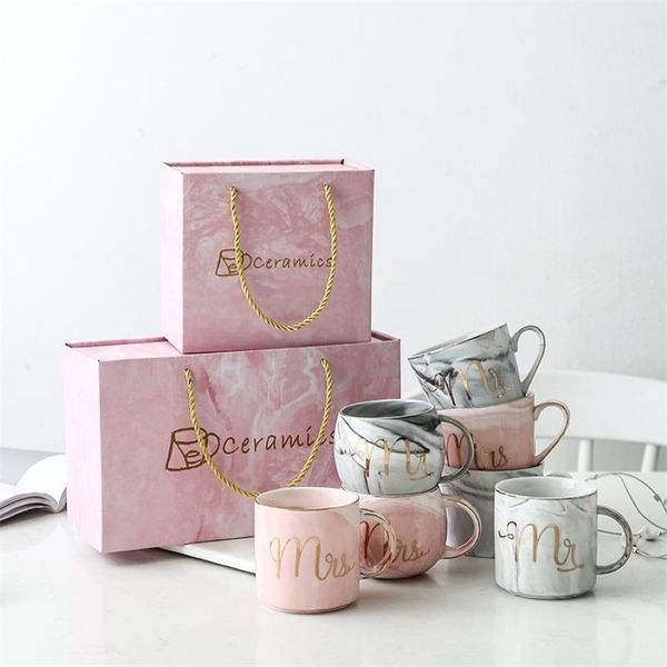 Luxo rosa ouro mr mrs cerâmica mármore caneca de café copo casamento nupcial casais presentes do amante caneca porcelana leite chá café da manhã c356k