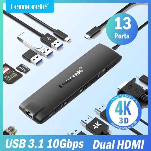 Lemorele TC96 USB-концентратор 3,1 док-станция USBC для Dual HDMI 4K 10Gpbs Type-C 100 Вт Gigabit Ethernet адаптер VGA для Mac