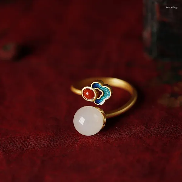 Anelli a grappolo Design originale Anello in giada Hetian dorato Smalto Pietra rossa Nuvole di buon auspicio per le donne Stile cinese Placcato in oro Matrimonio aperto