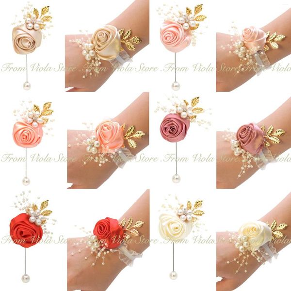 Broschen Hochzeit Bräutigam Satin Stoff Rose Braut Handgelenk Blume Pin Herren Anzug Dinner Party Rot Lachsrosa Corsage Geschenk Accessoire