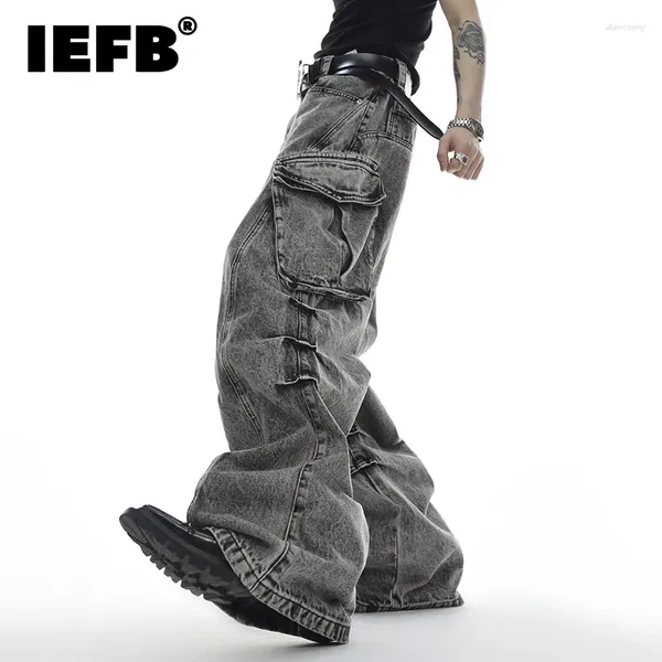 Jeans masculinos IEFB Moda Plissada Lavada High Street Flare Calças Grande Bolso Nicho Design Denim Calças 2024 Tendência