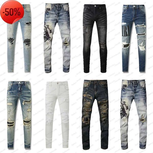 Amirs designer Mens jeans roxo jeans High Street Hole Star Patch Mens mulheres amirs estrela bordado painel calças estiramento calças slim-fit calçasNSTB