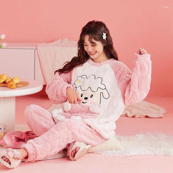 Mulheres sleepwear coral veludo pijamas mulheres inverno quente casa roupas cabeça high-end famale loungewear flanela bonito dos desenhos animados terno pijama