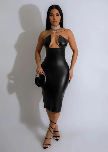 Vestidos casuais 2024 designer de luxo preto jovem sexy clube de couro sem alças sem mangas doce cintura alta mulheres magro longo lápis vestido
