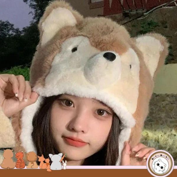 Berets chapéu fofo com orelhas de cachorro bonito huskies desenhos animados bombardeiro mulheres inverno quente engrossar gorros de pele t118