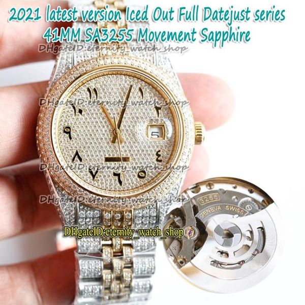 Versão mais recente Diamantes árabes Dial SA3255 Automático 81158 126334 126333 Mens Watch Two Tone Strap Iced Out Full Diamond eternidade 286A