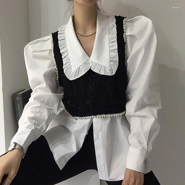 Женские блузки, топы в корейском стиле, женская белая блузка в стиле рето, короткий жилет, комплекты из двух предметов, элегантные черные и подходящие Blusa Feminina