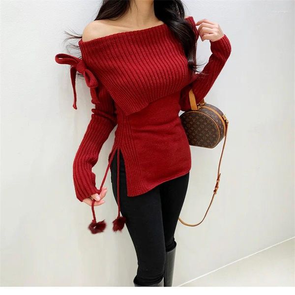 Maglioni da donna con spalle scoperte Fiocco con lacci Collo slash sexy Maniche lunghe Pullover lavorato a maglia solido Top per le donne Maglione dolce coreano T797