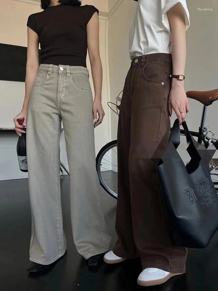 Kadınlar kot pantolon kadın yüksek bel geniş bacak gevşek temel y2k moda cep fermuar pantolon kahve haki pantolon 2024