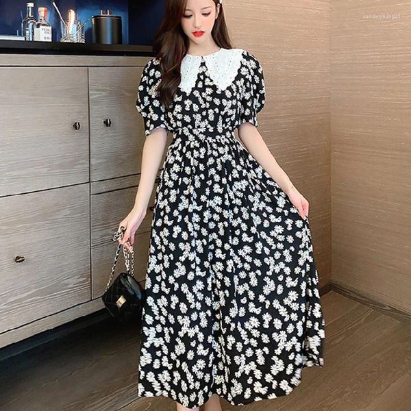 Partykleider SummLong Floral Chiffon Frauen Kleid Sommer 2024 Runway Retro Schwarz Elegante Nacht Boho Koreanische Casual Urlaub