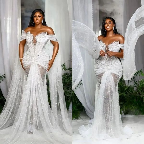 Stunningbride 2024 branco sexy pérolas sereia vestidos de casamento áfrica querida vestidos de noiva feito sob encomenda ilusão plus size vestido de noiva