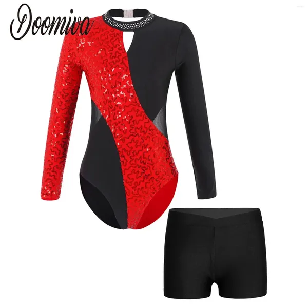 Palco desgaste crianças ginástica collants para meninas manga longa lantejoulas collant ballet dança outfit 2 pcs rolo patinação bodysuit com booty shorts