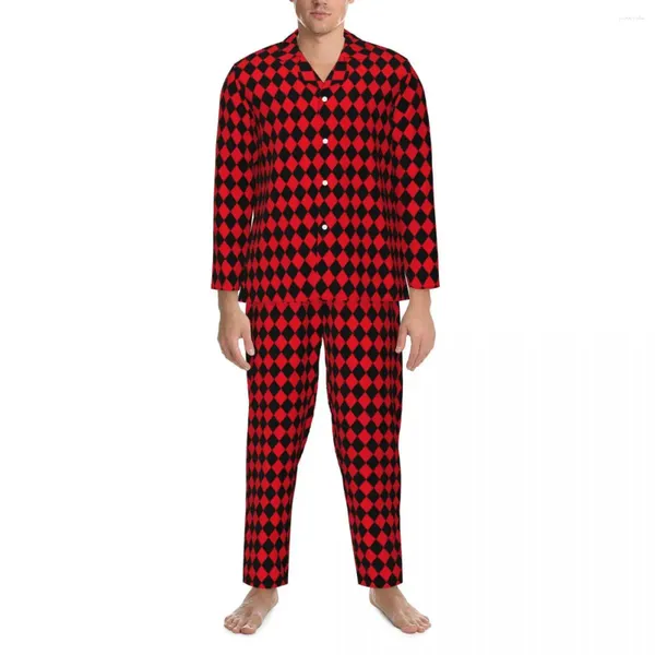 Pijamas masculinos pijamas masculinos casa geométrica preto e vermelho xadrez 2 peças soltas conjuntos de pijama de manga comprida na moda terno de tamanho grande