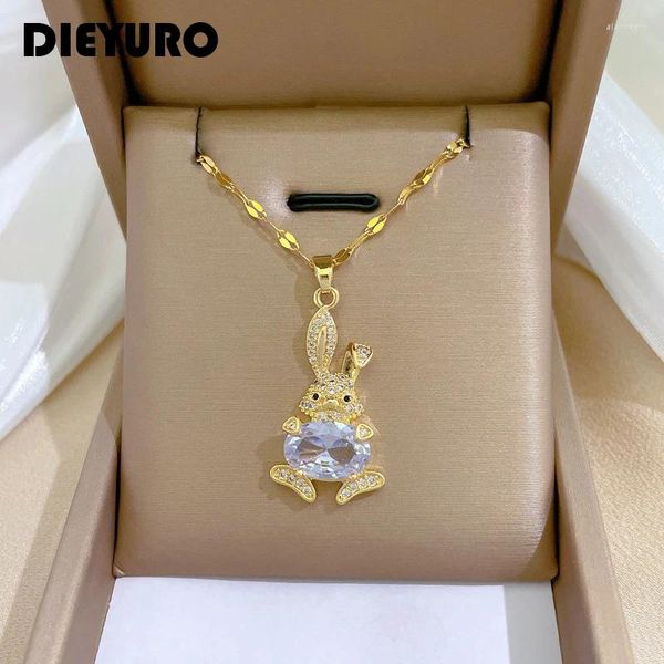 Anhänger Halsketten Dieyuro 316L Edelstahl Kaninchen Hase Halskette Für Frauen Mädchen Luxus Zirkon Schlüsselbein Kette Schmuck Geschenk Party