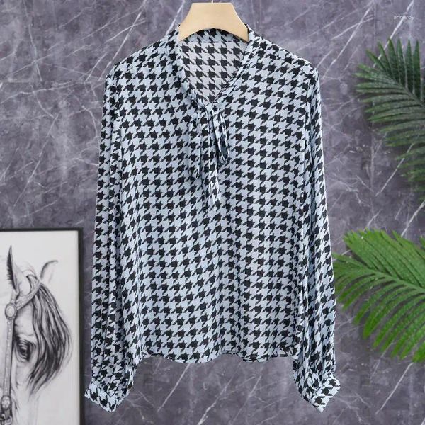 Camicette da donna Camicia nera con stampa di mille uccelli Donna Autunno leggera manica lunga stile francese Top da donna Camisas De Mujer