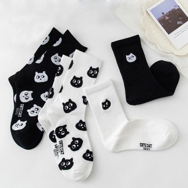 Mulheres meias gato preto branco casal rua bordado gatinho mid-tube bonito algodão dos desenhos animados masculino engraçado curto casual criativo