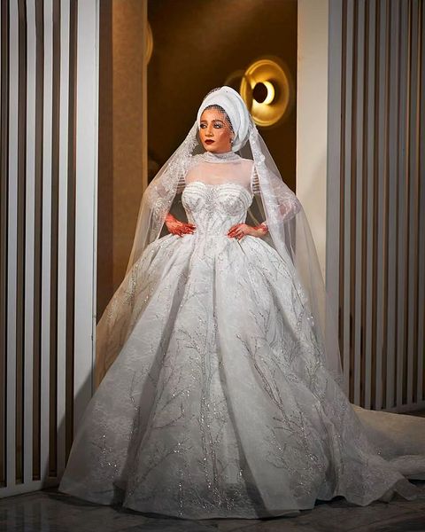 Luxo gola alta vestidos de casamento muçulmano dubai vestido de baile puff mangas compridas lantejoulas árabe saudita vestidos de noiva novia