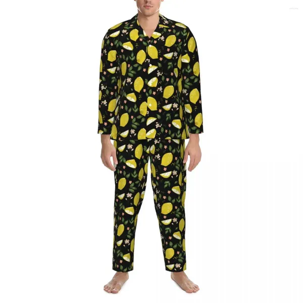 Erkekler Sweetwear Sarı Limon Pijama Seti Bahar Parlak Meyve Baskı Güzel Uyku Erkek 2 Parça Retro Büyük Boy Tasarım Gecesi Mevcut