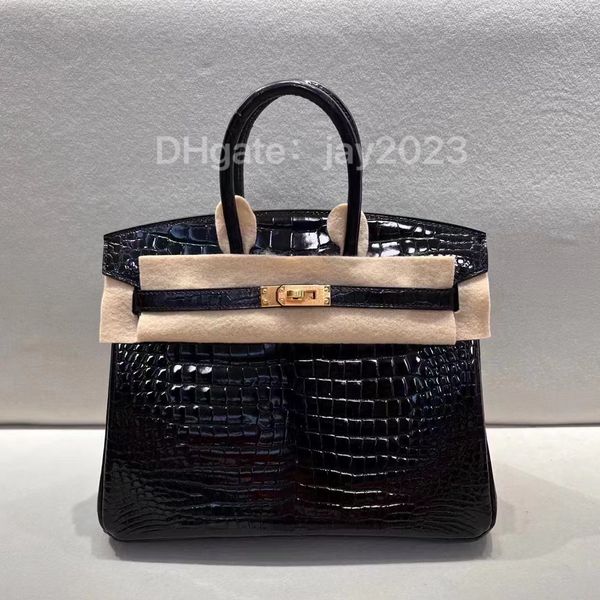 10s Especial Top Handmade Top Top Shiny Crocodile Skin Bag Bag Luxury Designer de moda Bolsa de ombro 25 cm O melhor Pour (V) Baía Crocodilo Mãe Mãe Mulher Saco com Caixa