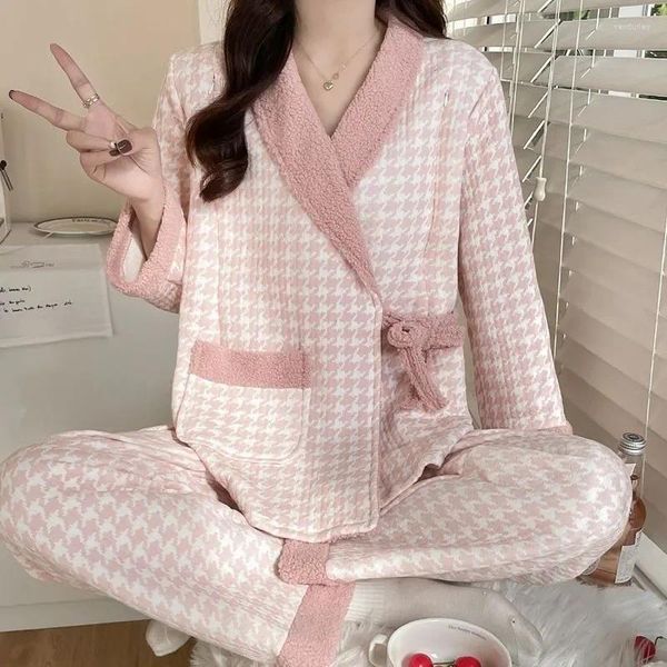 Mulheres Sleepwear 2024 Coral Fleece Roupas de Enfermagem Outono Inverno Plus Grosso Mulheres Grávidas Pijama Quente V-Pescoço Homewear Terno de Duas Peças