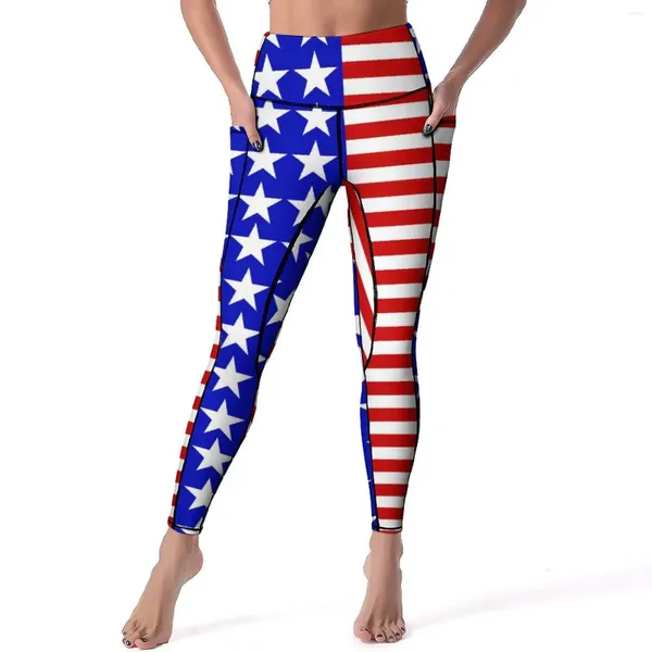 Damen-Leggings, USA, amerikanische Flagge, sexy Sterne und Streifen, Fitness-Yoga-Hose, Push-Up-Stretch-Sport-Strumpfhose, Taschen, lässige Leggins