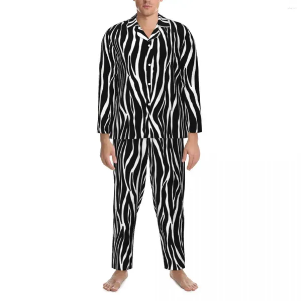 Herren-Nachtwäsche, Zebra-Druck, Pyjama-Sets, Herbst, schwarz-weiß gestreift, niedliches Zimmer, männlich, 2 Stück, lose, übergroße grafische Nachtwäsche, Geschenk