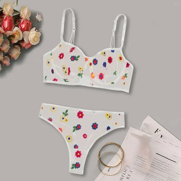 Conjuntos de sutiãs flor bordado lingerie conjunto malha sheer ver através de roupa interior mulheres kawaii doce ultrafino respirável sutiã calcinha íntima