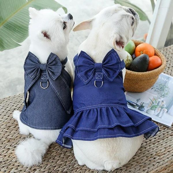 Cão vestuário bonito filhote de cachorro vestidos de verão jeans roupas para pequeno animal de estimação gato roupas bowknot denim colete saia animais de estimação jaqueta