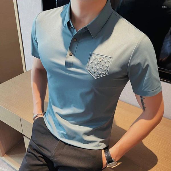 Erkek Polos Yaz Buz İpek Tracess Kısa Kollu İş Polo Gömlek Erkekler İçin 2024 Satır Slim Renk Slim Fit Sıradan Ofis Tişört