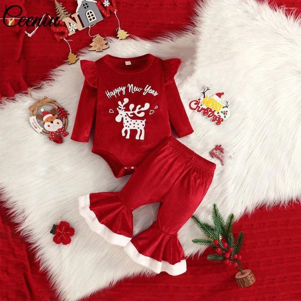 Kleidungssets Ceeniu Frohes Jahr-Kostüm für Babys, Weihnachtsoutfits, roter Samt-Strampler und Hosen, Weihnachtsmütze, meine erste Kleidung