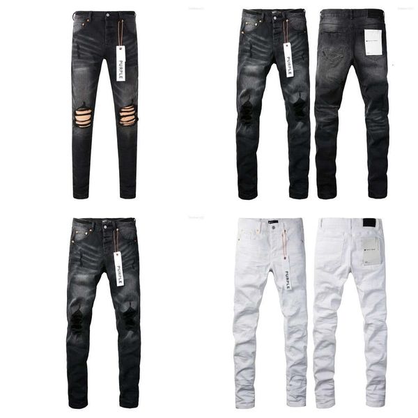 Calças masculinas 24SS Marca Moda Slim Roxo Jeans 1:1 Outono Inverno High Street Preto Rasgado 790