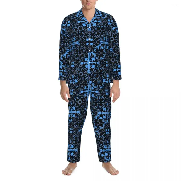 Herren-Nachtwäsche, Pyjama, männlich, Retro-Barock, tägliche Nachtwäsche, spanische Blumen-Fantasie, 2-teilig, lässige Pyjama-Sets, langärmelig, Übergröße, Heimanzug