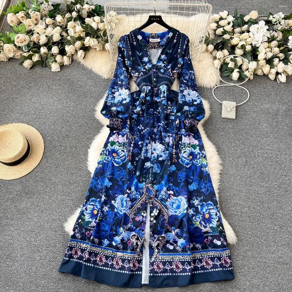 Günlük elbiseler muhteşem mavi çiçek tatil plaj elbise kadın giyim pisti v yaka yüksek bel fener kolu çiçek baskı boho uzun elbiseler