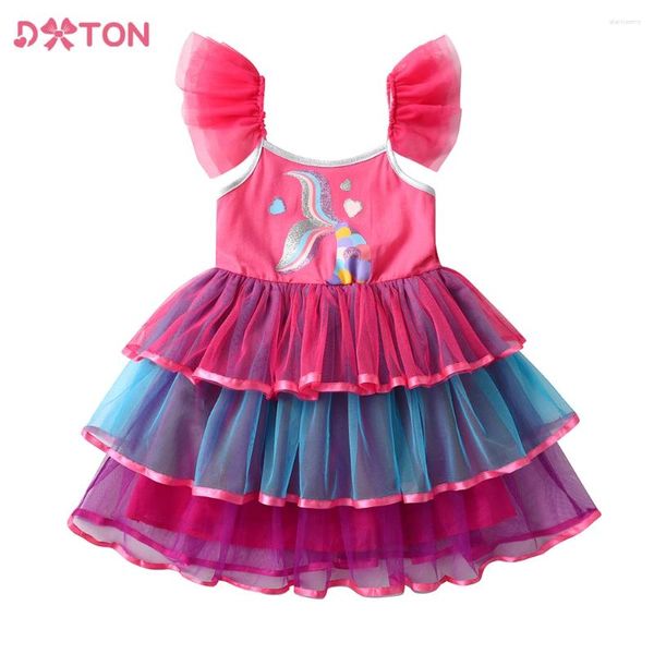 Платья для девочек DXTON, красочное платье для девочек, летнее детское платье с принтом русалки, на бретельках, вечерние принцессы на подтяжках, От 3 до 12 лет