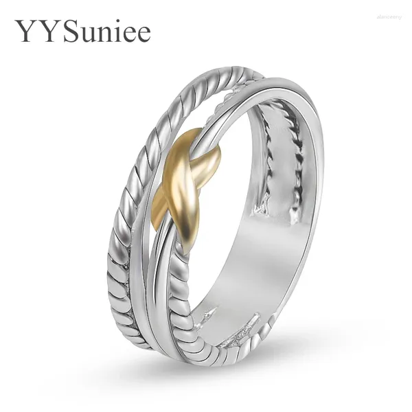 Anéis de casamento Yysuniee luxo designer jóias 18k banhado a ouro crossover banda para mulheres marca de moda david acessórios de dois tons presente