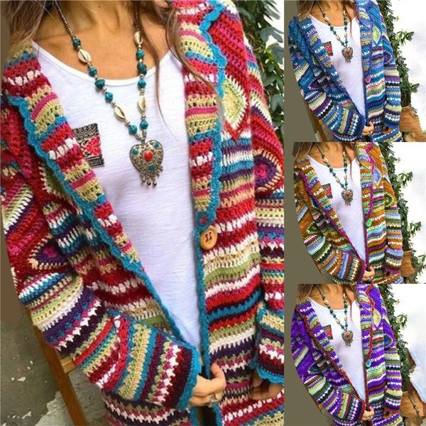 Осенний свитер, женский лоскутный вязаный кардиган с длинными рукавами и открытой передней частью в радужную полоску, женское пальто Sueter Mujer Invierno 240219