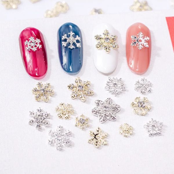 50 шт., золотые, серебряные снежинки, украшения для дизайна ногтей, разноцветные металлические конструкции, подвески, блестящие камни, 240219