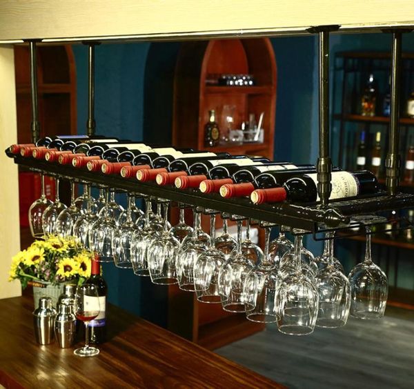 Vintage bronziertes schwarzes Eisen-Metallguss-Decke hängen kopfüber Weinkelchhalter hohe Gläser Flaschenaufbewahrung Bar Pub Racks3102548
