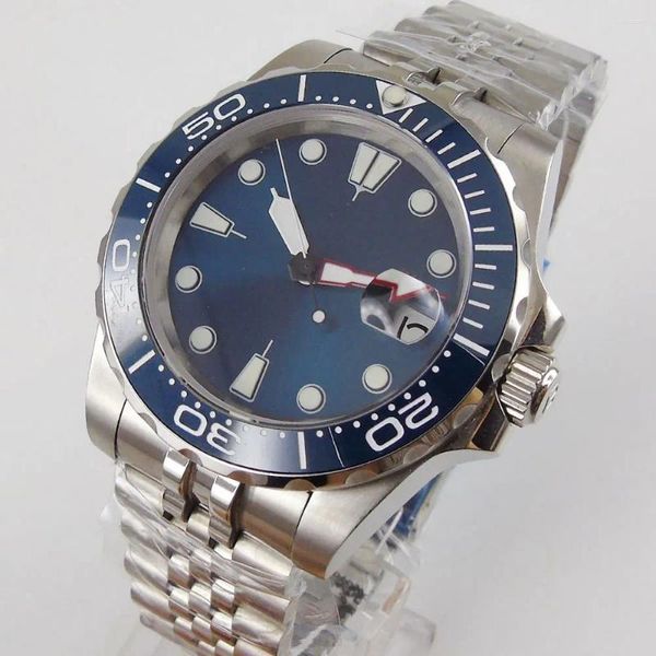 Armbanduhren Blue Dress SUNBURST 21 Jewels MIYOTA 8215 Mechanische Herren-Armbanduhr Unidirektionale drehbare Lünette Datum Metallband