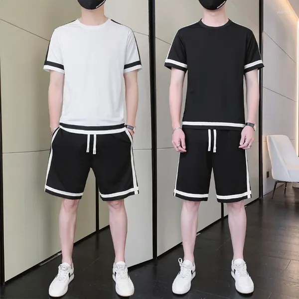 Männer Trainingsanzüge 2024 Sommer Casual Set Lose Eis Seide Kurzarm T-shirt Zwei Stück Trainingsanzug Männer Kleidung Taschen