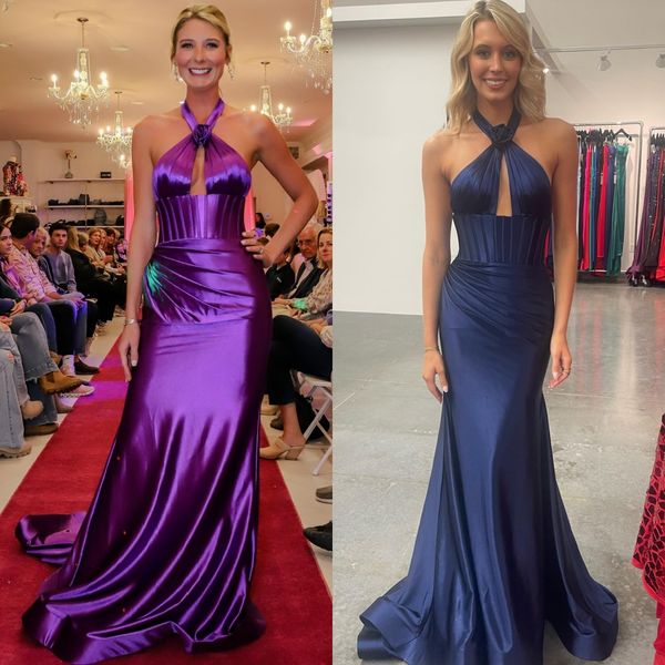 Halter cabido vestido rainha do baile 2k24 cetim esticado longo pré-adolescente concurso inverno formal noite coquetel pista black-tie gala espartilho corpete roseta roxo