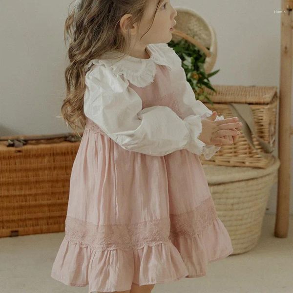 Kız Elbiseler Çocuk Giyim Bahar 2024 Moda Kore tarzı Düz ​​renkli Pamuk Dantel Prenses Tatlı Gündelik Sundress Elbise