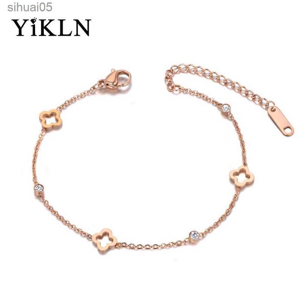 Braccialetti con ciondoli a catena in rilievo YiKLN in acciaio inossidabile CZ cristallo fiore pianta per gioielli da donna YB19114 YQ240226